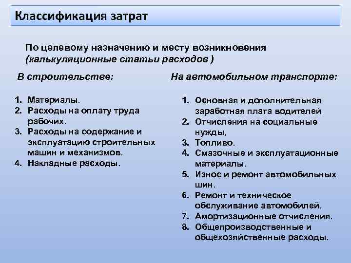 Классификация затрат По целевому назначению и месту возникновения (калькуляционные статьи расходов ) В строительстве: