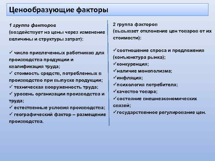 Ценообразующие факторы 1 группа факторов (воздействует на цены через изменение величины и структуры затрат):