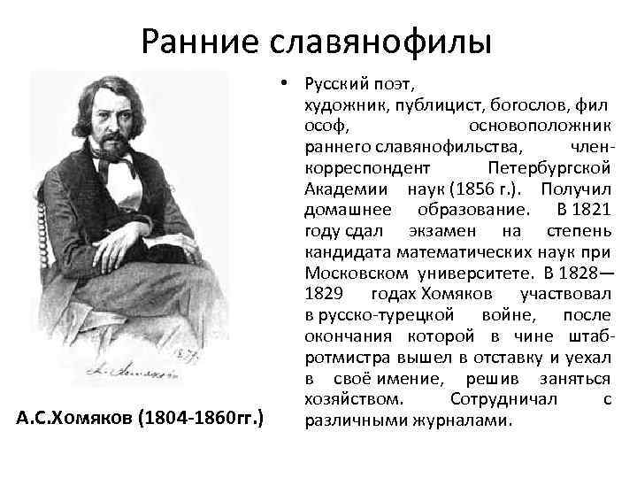 Ранние славянофилы • Русский поэт, художник, публицист, богослов, фил ософ, основоположник раннего славянофильства, членкорреспондент