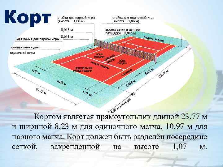 Кортом является прямоугольник длиной 23, 77 м и шириной 8, 23 м для одиночного