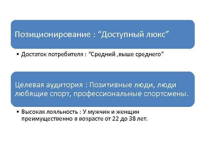 Позиционирование : “Доступный люкс” • Достаток потребителя : “Средний , выше среднего” Целевая аудитория