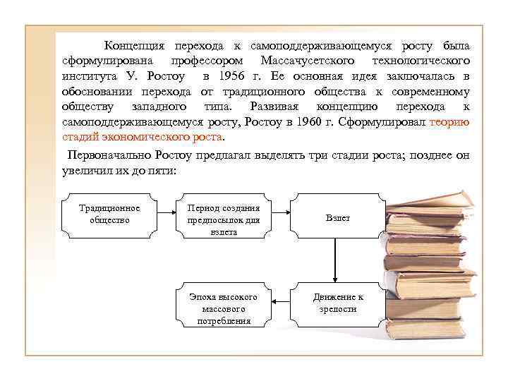 Концепция перехода к самоподдерживающемуся росту была сформулирована профессором Массачусетского технологического института У. Ростоу в