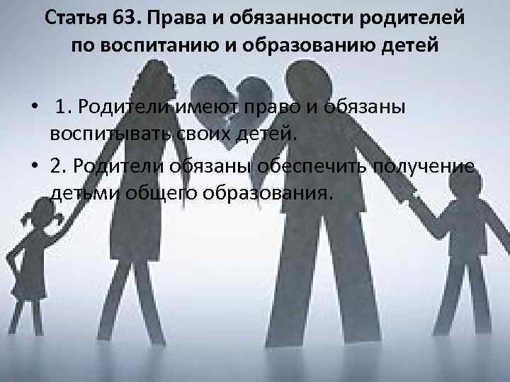 Статья 63. Права и обязанности родителей по воспитанию и образованию детей • 1. Родители