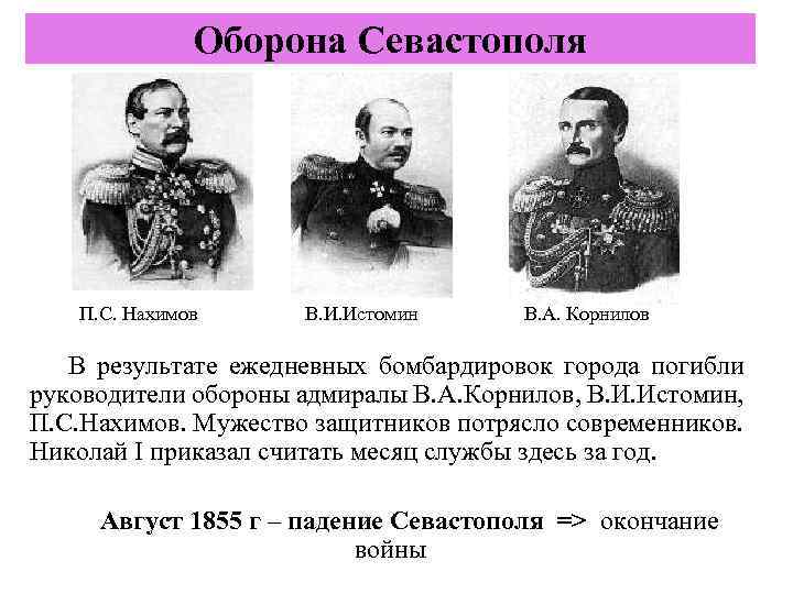 Оборона Севастополя П. С. Нахимов В. И. Истомин В. А. Корнилов В результате ежедневных