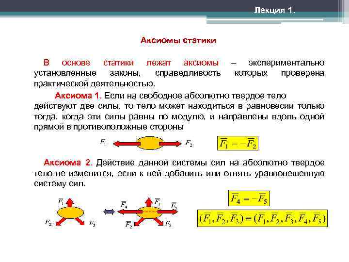 Лекция 1. Аксиомы статики В основе статики лежат аксиомы экспериментально установленные законы, справедливость которых