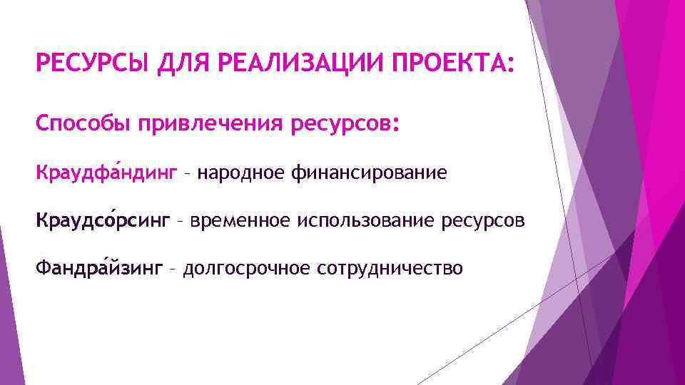 РЕСУРСЫ ДЛЯ РЕАЛИЗАЦИИ ПРОЕКТА: Способы привлечения ресурсов: Краудфа ндинг – народное финансирование Краудсо рсинг