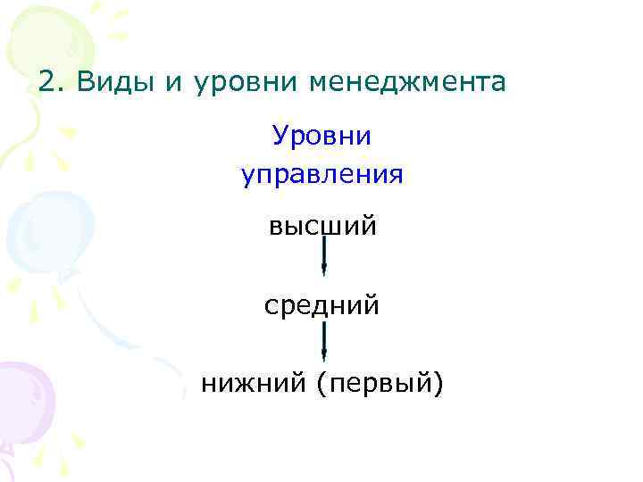 2. Виды и уровни менеджмента Уровни управления высший средний нижний (первый) 