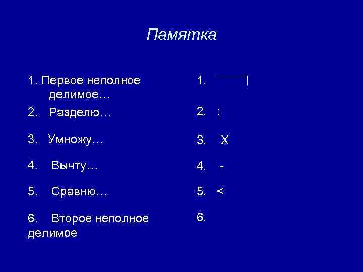 Памятка 1. Первое неполное делимое… 1. 2. Разделю… 2. : 3. Умножу… 3. Х