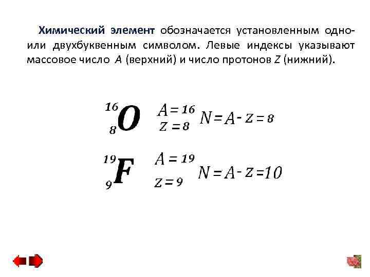 Химический элемент обозначается установленным одно- или двухбуквенным символом. Левые индексы указывают массовое число A