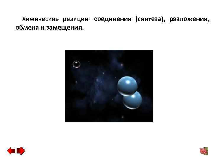 Химические реакции: соединения (синтеза), разложения, обмена и замещения. 