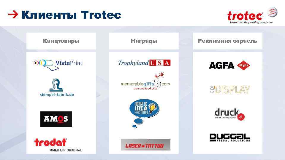 Клиенты Trotec Канцтовары ww. troteclaser. com Награды Рекламная отрасль 