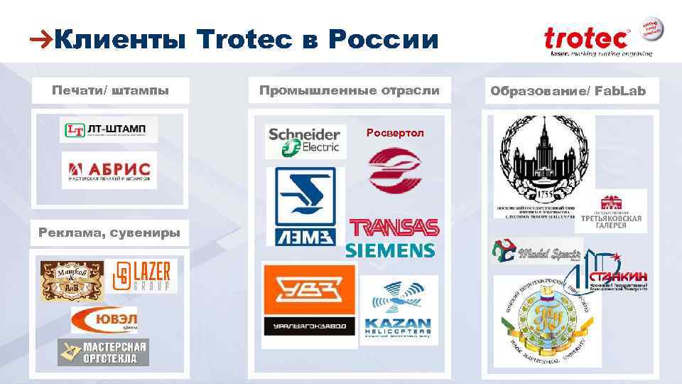 Клиенты Trotec в России Печати/ штампы Промышленные отрасли Росвертол Реклама, сувениры ww. troteclaser. com