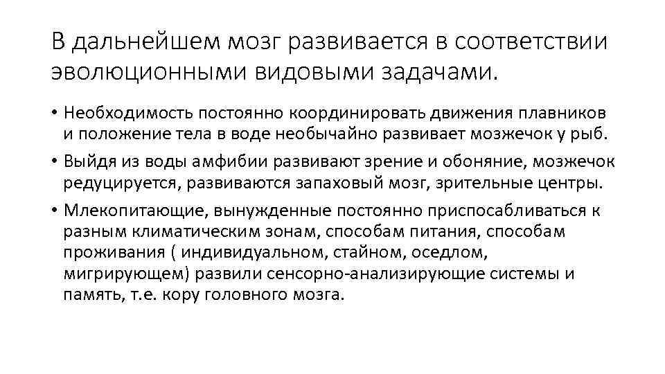 В дальнейшем мозг развивается в соответствии эволюционными видовыми задачами. • Необходимость постоянно координировать движения