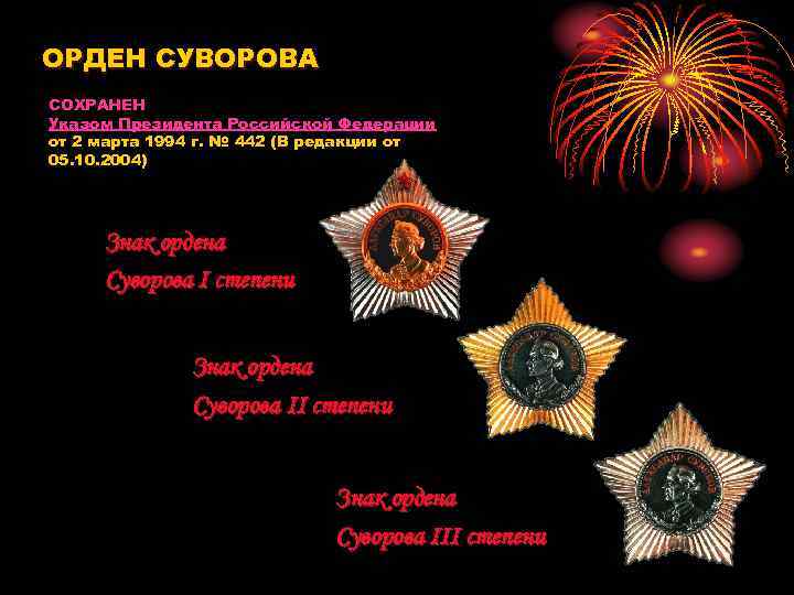 ОРДЕН СУВОРОВА СОХРАНЕН Указом Президента Российской Федерации от 2 марта 1994 г. № 442