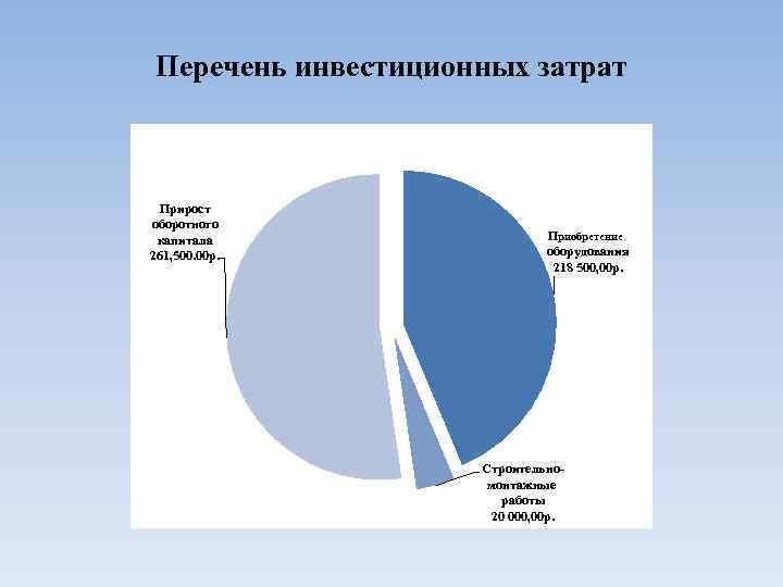 Перечень инвестиционных затрат Прирост оборотного капитала 261, 500. 00 р. Приобретение оборудования 218 500,