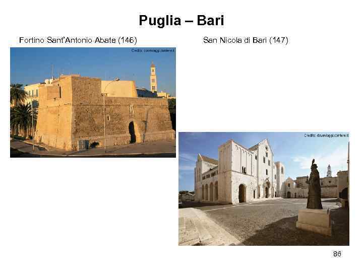 Puglia – Bari Fortino Sant’Antonio Abate (146) San Nicola di Bari (147) 86 