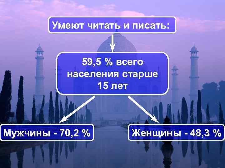 Умеют читать и писать: 59, 5 % всего населения старше 15 лет Mужчины -