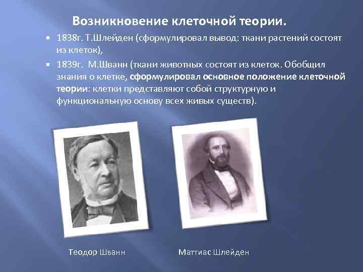  Возникновение клеточной теории. 1838 г. Т. Шлейден (сформулировал вывод: ткани растений состоят из