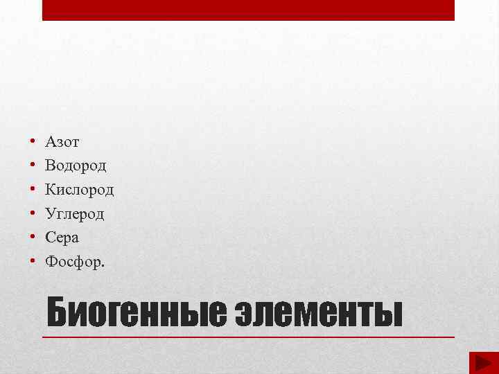  • • • Азот Водород Кислород Углерод Сера Фосфор. Биогенные элементы 