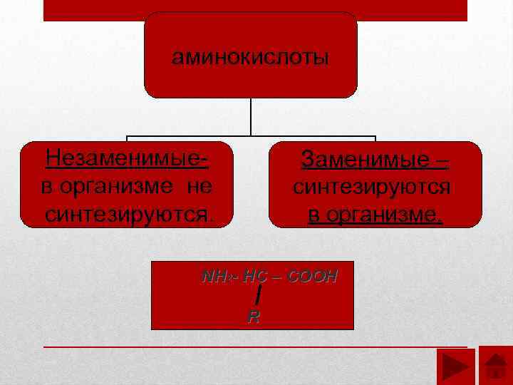 аминокислоты Незаменимыев организме не синтезируются. Заменимые – синтезируются в организме. NH 2 - HC