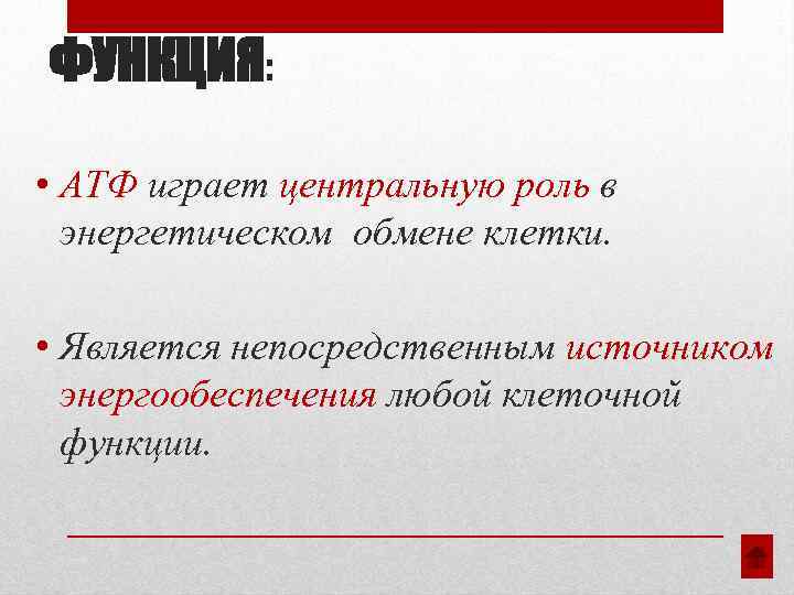 ФУНКЦИЯ: • АТФ играет центральную роль в энергетическом обмене клетки. • Является непосредственным источником