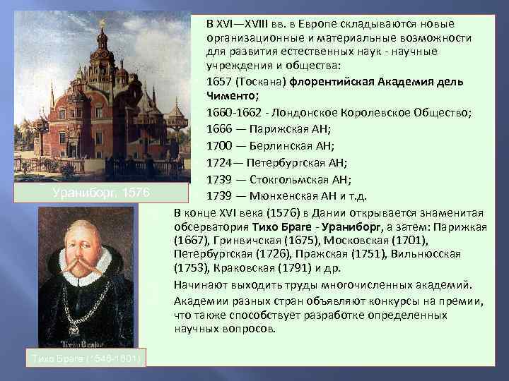 Ураниборг, 1576 Тихо Браге (1546 -1601) В XVI—XVIII вв. в Европе складываются новые организационные