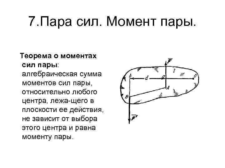 7. Пара сил. Момент пары. Теорема о моментах сил пары: алгебраическая сумма моментов сил