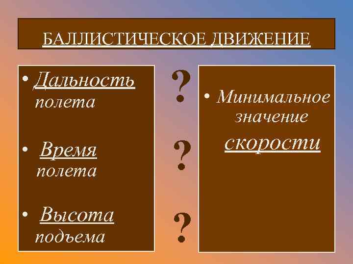 БАЛЛИСТИЧЕСКОЕ ДВИЖЕНИЕ • Дальность полета ? • Минимальное значение • Время полета ? •