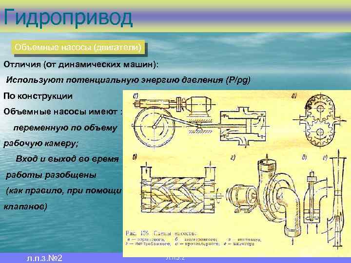 Гидропривод Объемные насосы (двигатели) Отличия (от динамических машин): Используют потенциальную энергию давления (Р/ρg) По
