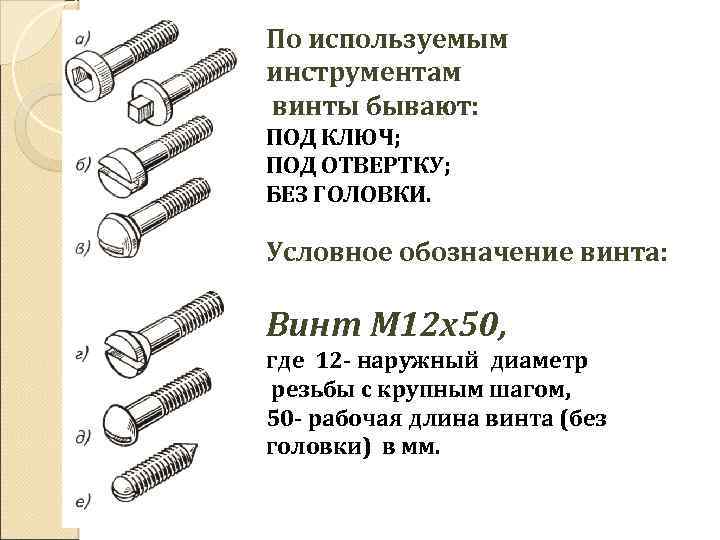 По используемым инструментам винты бывают: ПОД КЛЮЧ; ПОД ОТВЕРТКУ; БЕЗ ГОЛОВКИ. Условное обозначение винта: