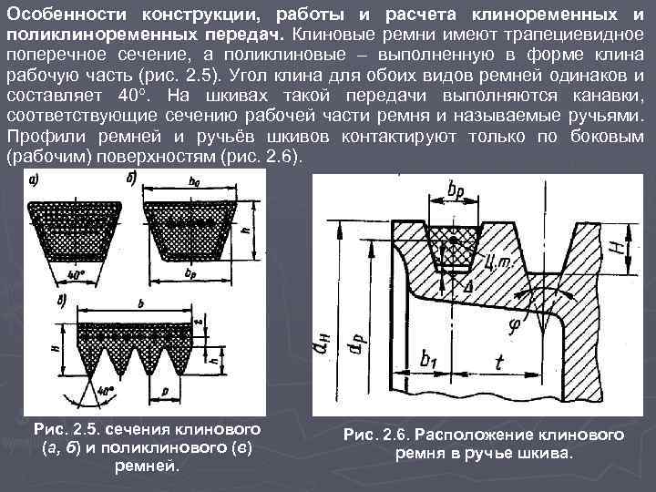 Особенности конструкции, работы и расчета клиноременных и поликлиноременных передач. Клиновые ремни имеют трапециевидное поперечное