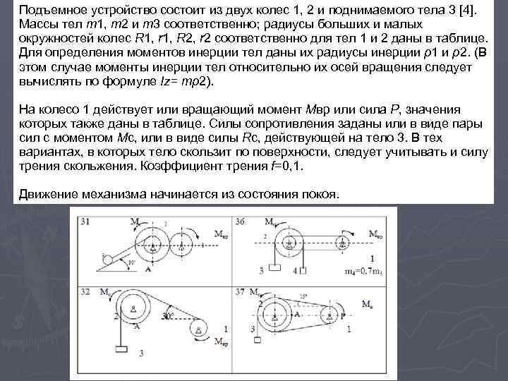 Подъемное устройство состоит из двух колес 1, 2 и поднимаемого тела 3 [4]. Массы