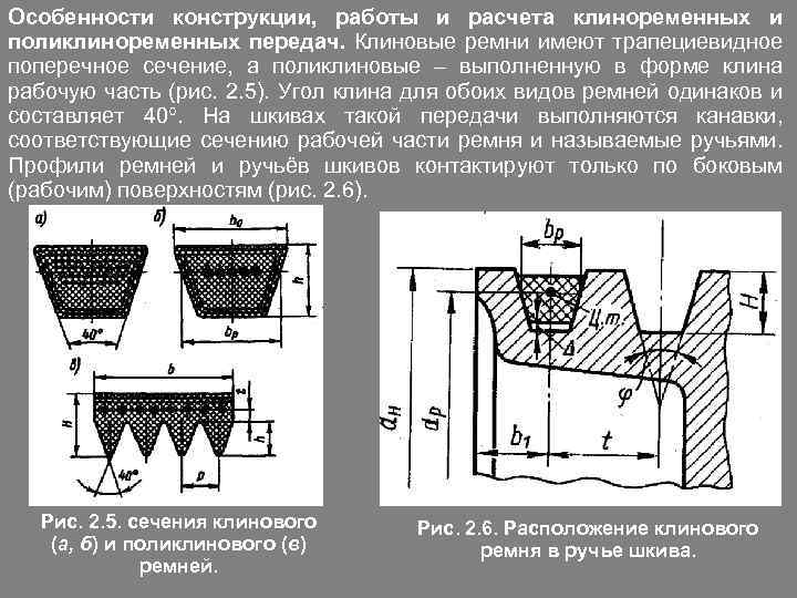 Особенности конструкции, работы и расчета клиноременных и поликлиноременных передач. Клиновые ремни имеют трапециевидное поперечное