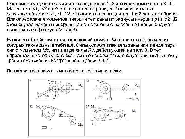 Подъемное устройство состоит из двух колес 1, 2 и поднимаемого тела 3 [4]. Массы
