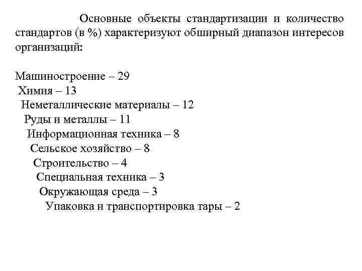  Основные объекты стандартизации и количество стандартов (в %) характеризуют обширный диапазон интересов организаций: