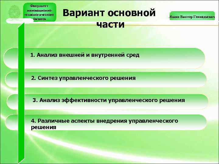 Факультет инновационнотехнологического бизнеса Вариант основной части Яшин Виктор Геннадьевич Содержание работы 1. Анализ внешней