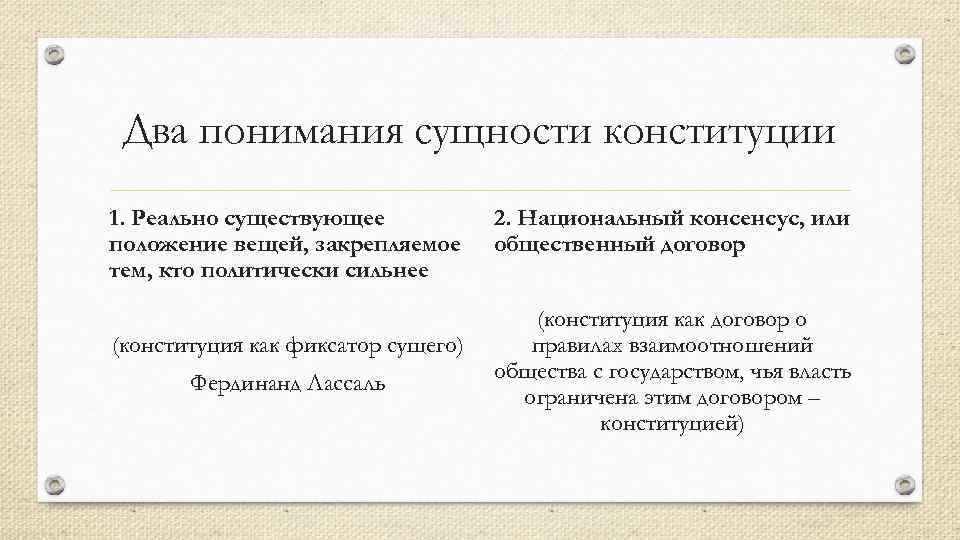 Два понимания сущности конституции 1. Реально существующее положение вещей, закрепляемое тем, кто политически сильнее