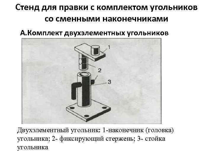 Стенд для правки с комплектом угольников со сменными наконечниками А. Комплект двухэлементных угольников Двухэлементный