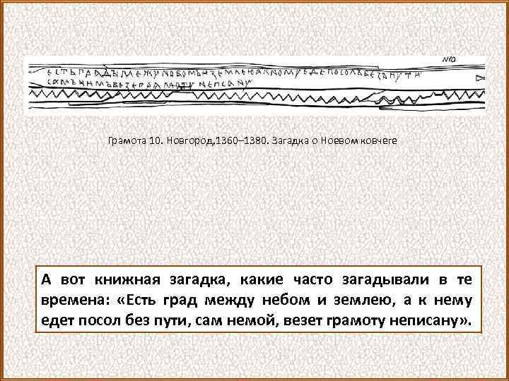 Грамота 10. Новгород, 1360– 1380. Загадка о Ноевом ковчеге А вот книжная загадка, какие