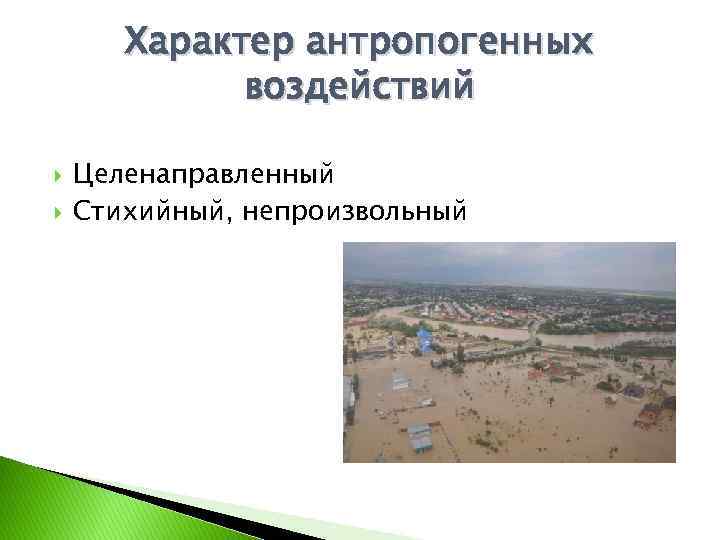 Характер антропогенных воздействий Целенаправленный Стихийный, непроизвольный 