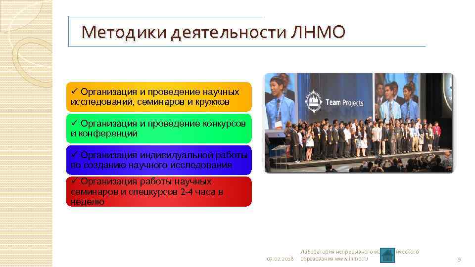 Методики деятельности ЛНМО Организация и проведение научных исследований, семинаров и кружков Организация и проведение