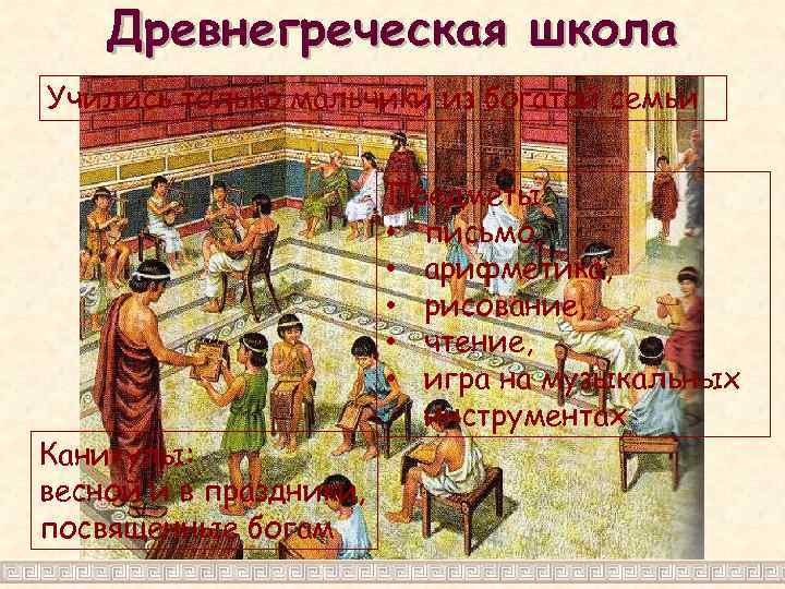 Древнегреческая школа Учились только мальчики из богатой семьи Каникулы: весной и в праздники, посвященные