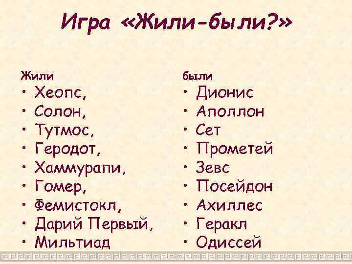 Игра «Жили-были? » Жили • • • Хеопс, Солон, Тутмос, Геродот, Хаммурапи, Гомер, Фемистокл,