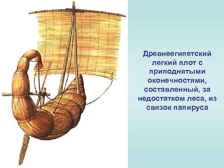 Древнеегипетский легкий плот с приподнятыми оконечностями, составленный, за недостатком леса, из связок папируса 