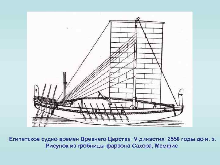 Египетское судно времен Древнего Царства, V династия, 2550 годы до н. э. Рисунок из