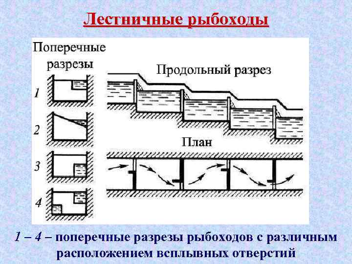 Лестничные рыбоходы 1 – 4 – поперечные разрезы рыбоходов с различным расположением всплывных отверстий
