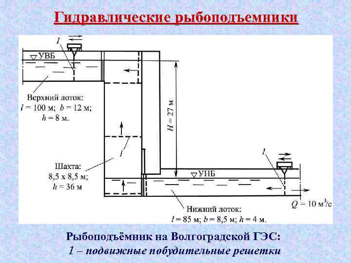Гидравлические рыбоподъемники Рыбоподъёмник на Волгоградской ГЭС: 1 – подвижные побудительные решетки 