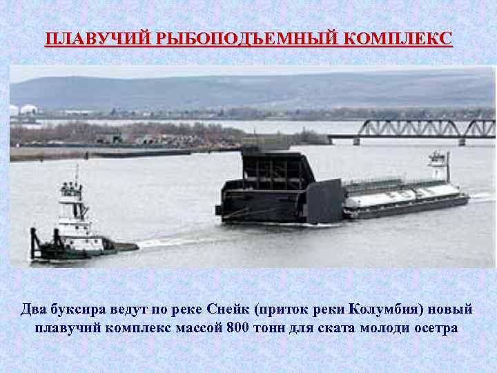 ПЛАВУЧИЙ РЫБОПОДЪЕМНЫЙ КОМПЛЕКС Два буксира ведут по реке Снейк (приток реки Колумбия) новый плавучий