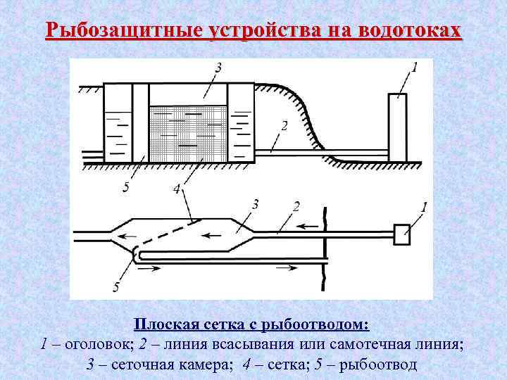 Рыбозащитные устройства на водотоках Плоская сетка с рыбоотводом: 1 – оголовок; 2 – линия