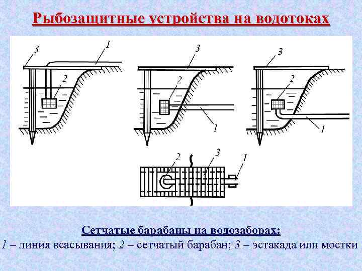 Рыбозащитные устройства на водотоках Сетчатые барабаны на водозаборах: 1 – линия всасывания; 2 –